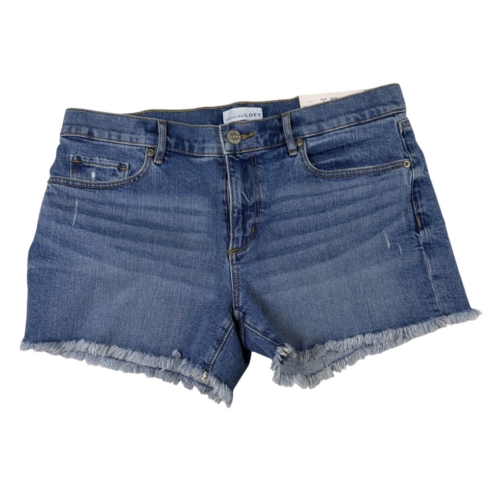NWT Loft Denim Shorts Womens 28/6 Blue Med Wash Frayed Raw Hem‎ High Rise 529551